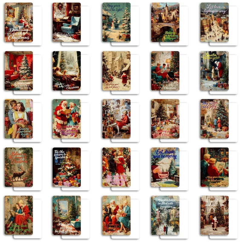 50-PCS Vintage Style Illustrated Christmas Cards with Typography Design, Creative Art Greeting Cards for Holiday Wishes