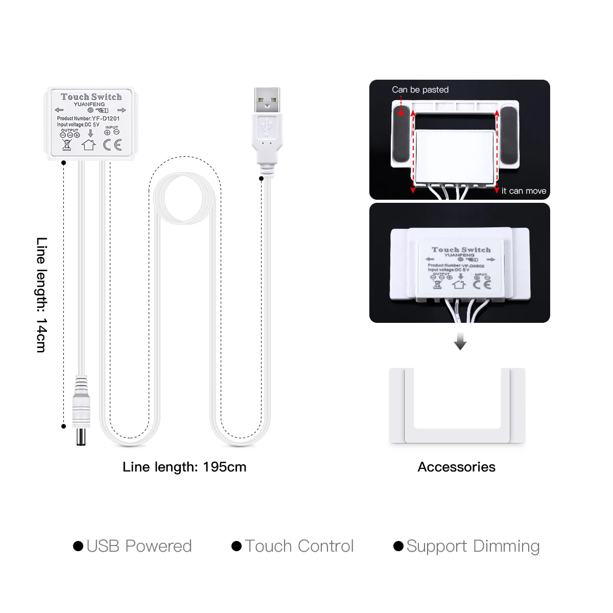 DC 5V USB LED Dimmer Switch DC Male Head Port Adjustable Touch Sensor Switch For Bathroom Makeup Mirror Light Backlight Decor