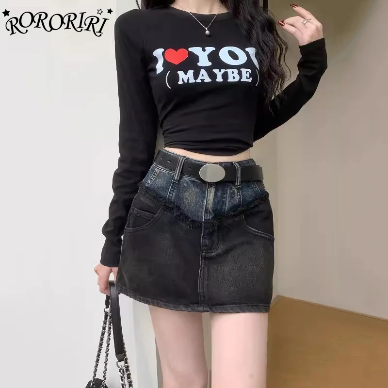 

RORORIRI Contrast Patchwork Raw Edge Denim Skirt Women Summer Slim Fit High Rise Sexy Bodycon Mini Skirt Y2k Grunge Streetwear