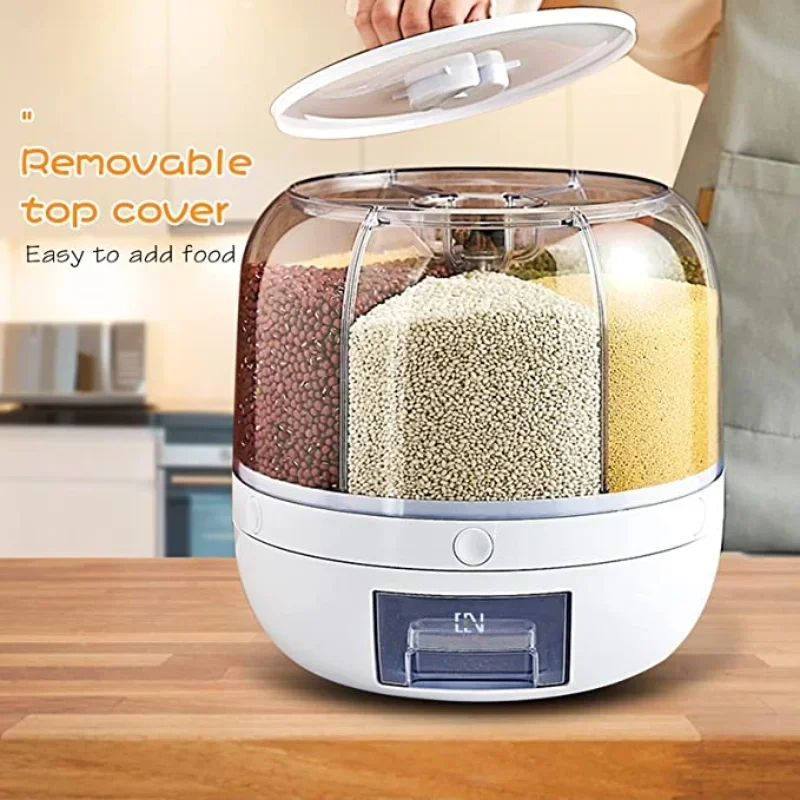 

6-Grid Rotatable Grain Dispenser Bucket Rice Round Storage Container Dry Food Tank Sealed Cereal Separate Kitchen Storage Boxes