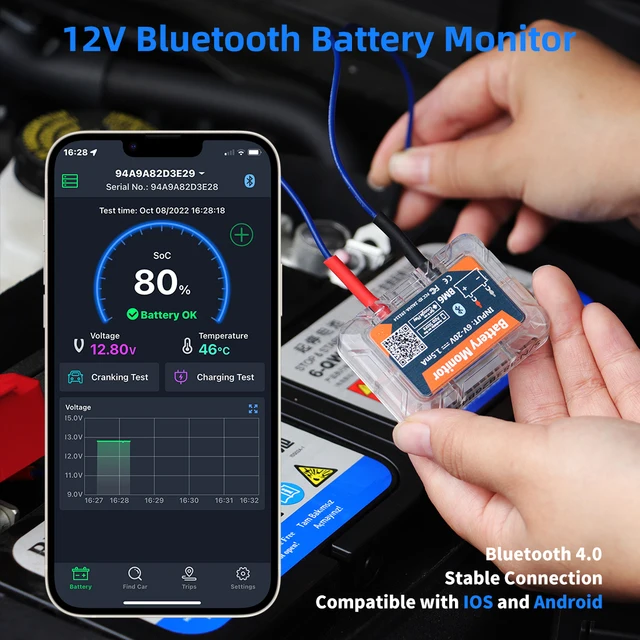 KYYKA Moniteur de batterie automatique Ⅱ Testeur de batterie 12V Bluetooth  4.0 Testeur de batterie sans fil Chargeur Analyseur de diagnostic Moniteur  pour Android et iOS (Noir) : : Auto et Moto