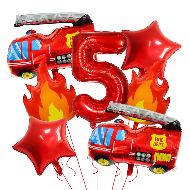 7-teiliges Set Cartoon Feuerwehrauto Thema 1/2/3/4/5/6 Jahre Alte Folien-Heliumballons für Kinder Jungen Geburtstag Babyparty Dekoration – Detail 10