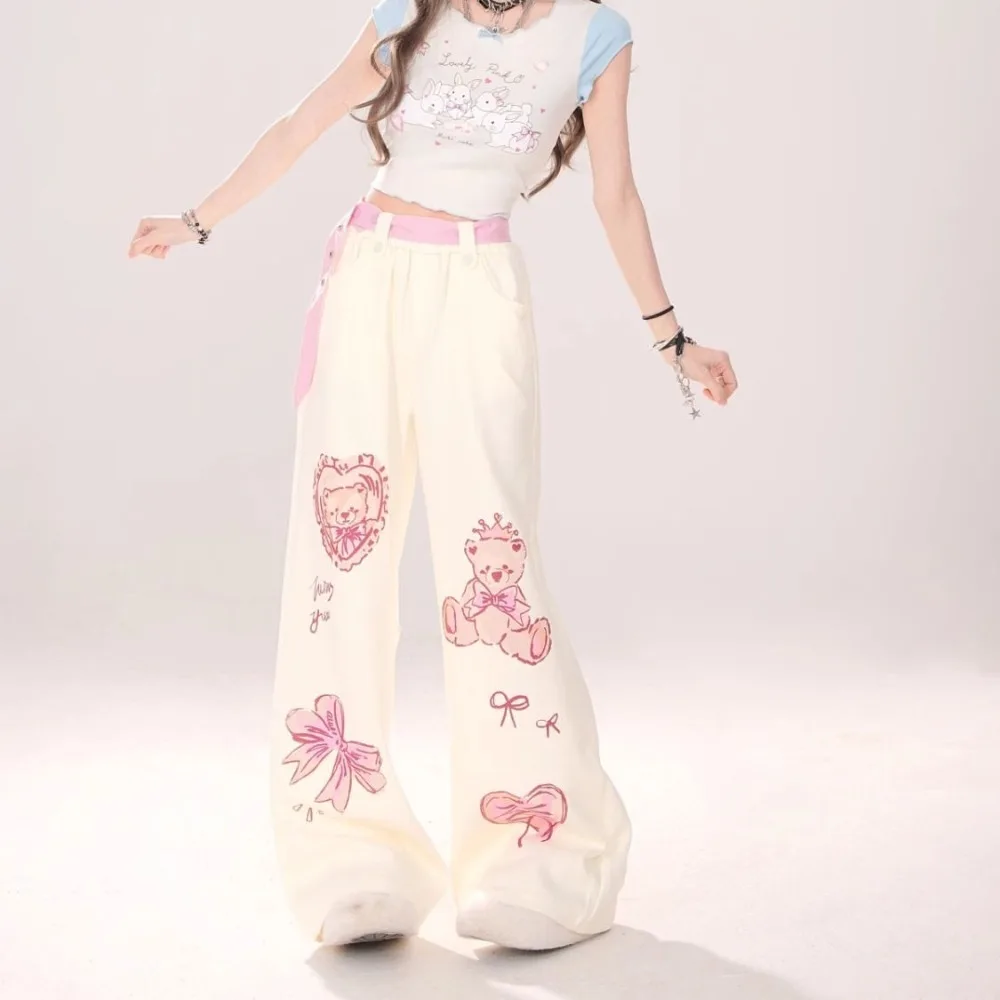 QWEEK Y2k Coquette Kawai Cute Print Sweatpants Women 2024 Spring Autumn Fashion Bow Bear Print Straight Pants Trousers