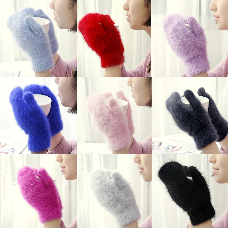 1 Pairs All Finger Mittens Thicken Warm Winter Gloves Rabbit Wool Gloves Solid Color Plush Gloves Handmade Fashion Hand Warmer
