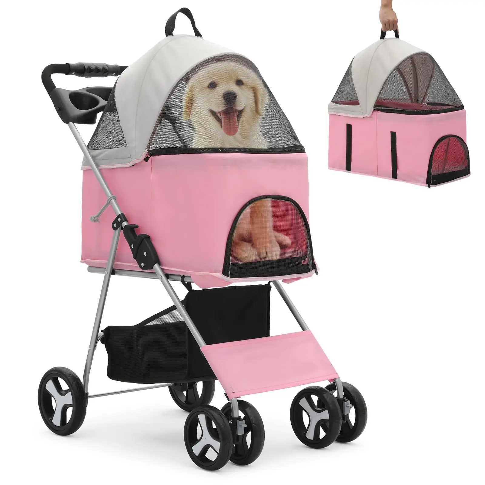 

Pink 3-in-1 Foldable Pet Stroller Detachable Carrier, Car Seat for Small/Medium Pet up to 33lbs