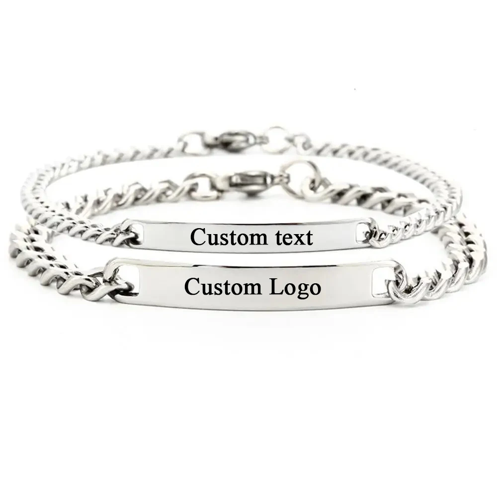 Custom Text Logo Stainless Steel Bracelet Women Personalized Name Engrave Bracelets For Men Id Bracelet Dropshipping 50pcs laser engrave logo design text bar pendant stainless steel rectangle connector rectangle pendant jewelry making accessory