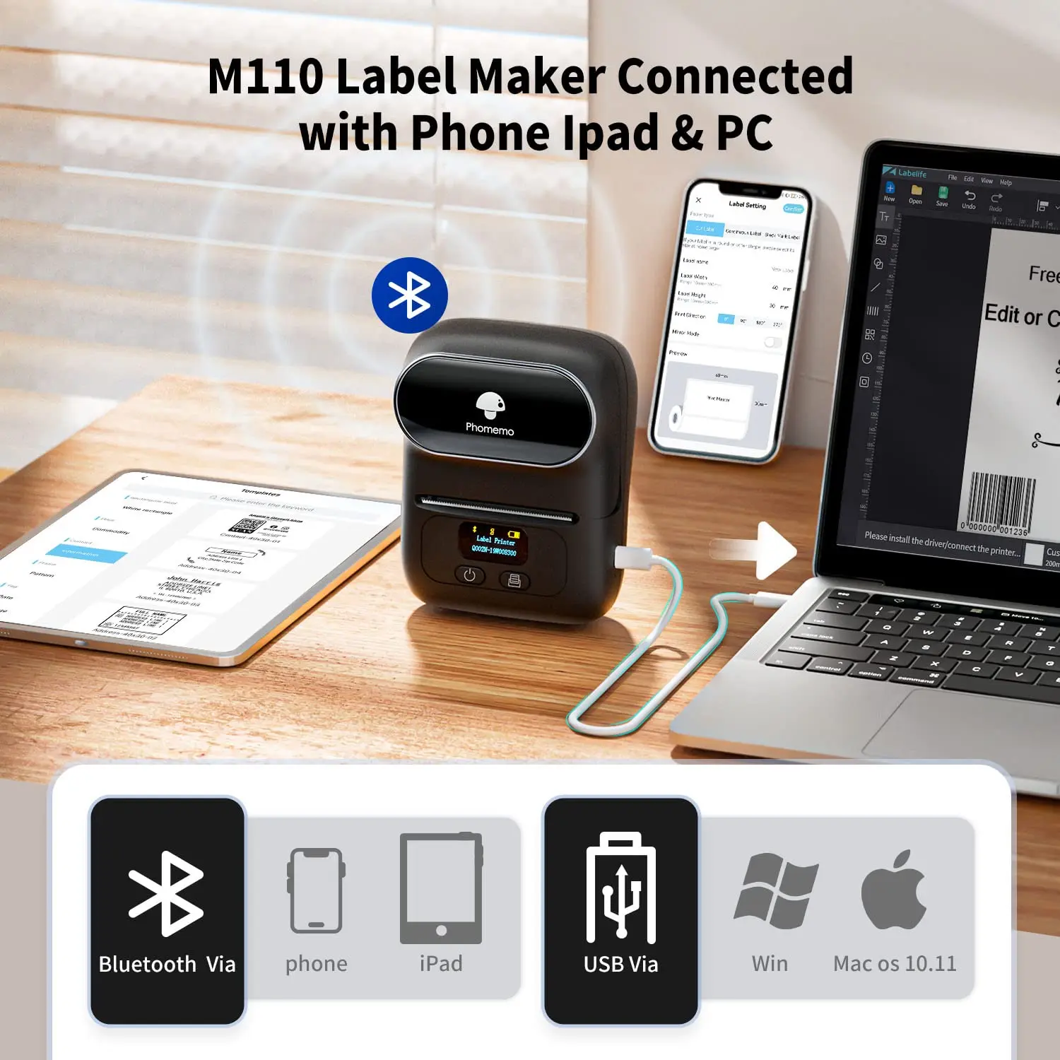 Phomemo M110 M221 M220 M120 drukarka do etykiet wielofunkcyjny Mini drukarka etykiet drukarka termiczna Bluetooth atramentowy dla małych firm