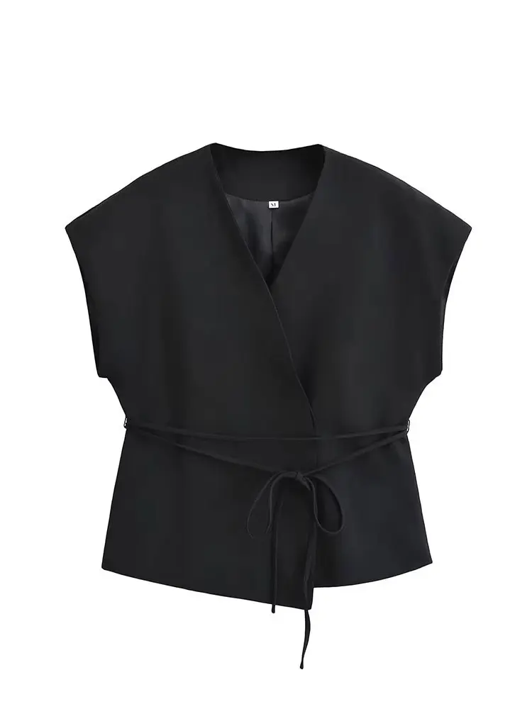 HH Women Vintage Solid Vest With Lace Up Sleeveless V Neck Shirt Summer Female Casual Commuting Chic Top Blouse