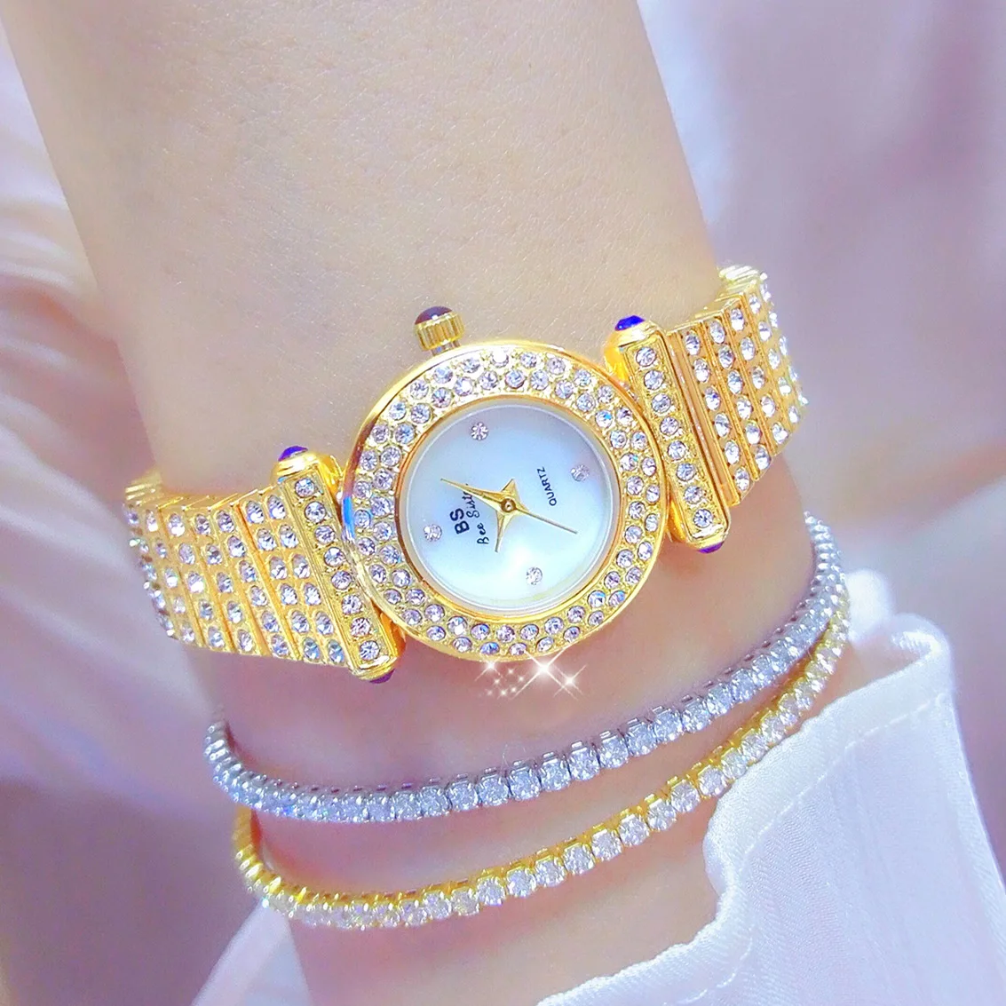 BS Ladies Watch Rose Gold Luxury Diamond Watch Simple Silver Quartz Waterproof Stainless Steel Watch for Party Gift Reloj Mujer