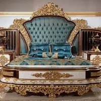 Ensemble de chambre à coucher de luxe turc, lit king size double capitonné, mobilier de chambre à coucher, cadre de lit en bois massif sculpté, tête de lit en tissu velours 1