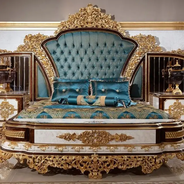 Ensemble de chambre à coucher de luxe turc, lit king size double capitonné, mobilier de chambre à coucher, cadre de lit en bois massif sculpté, tête de lit en tissu velours 1