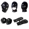 Sexy Black Wetlook Sex Bondage Mask Hood with Lockable Plush Erotic Gloves Handcuffs for Couples Fetish Slave BDSM Adult Games 1