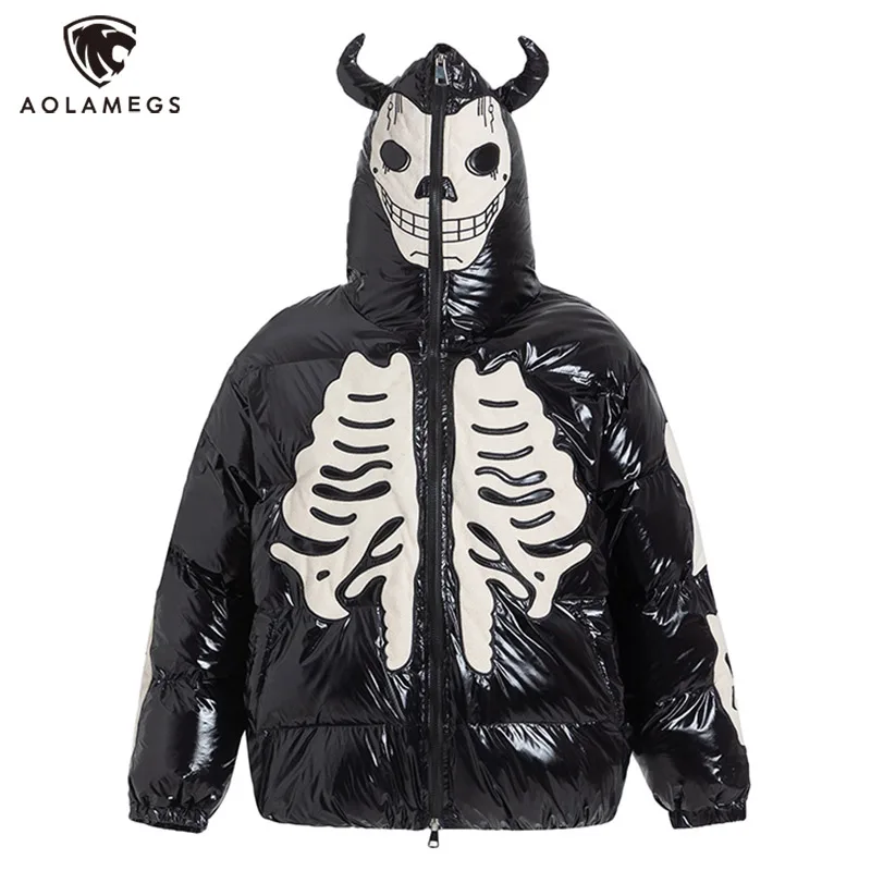 Men Winter Black Parkas Jackets Retro Skeleton Devil Horns Embroidery Padded Coats Zipper Mask Waterproof  Hooded Outwear Unisex