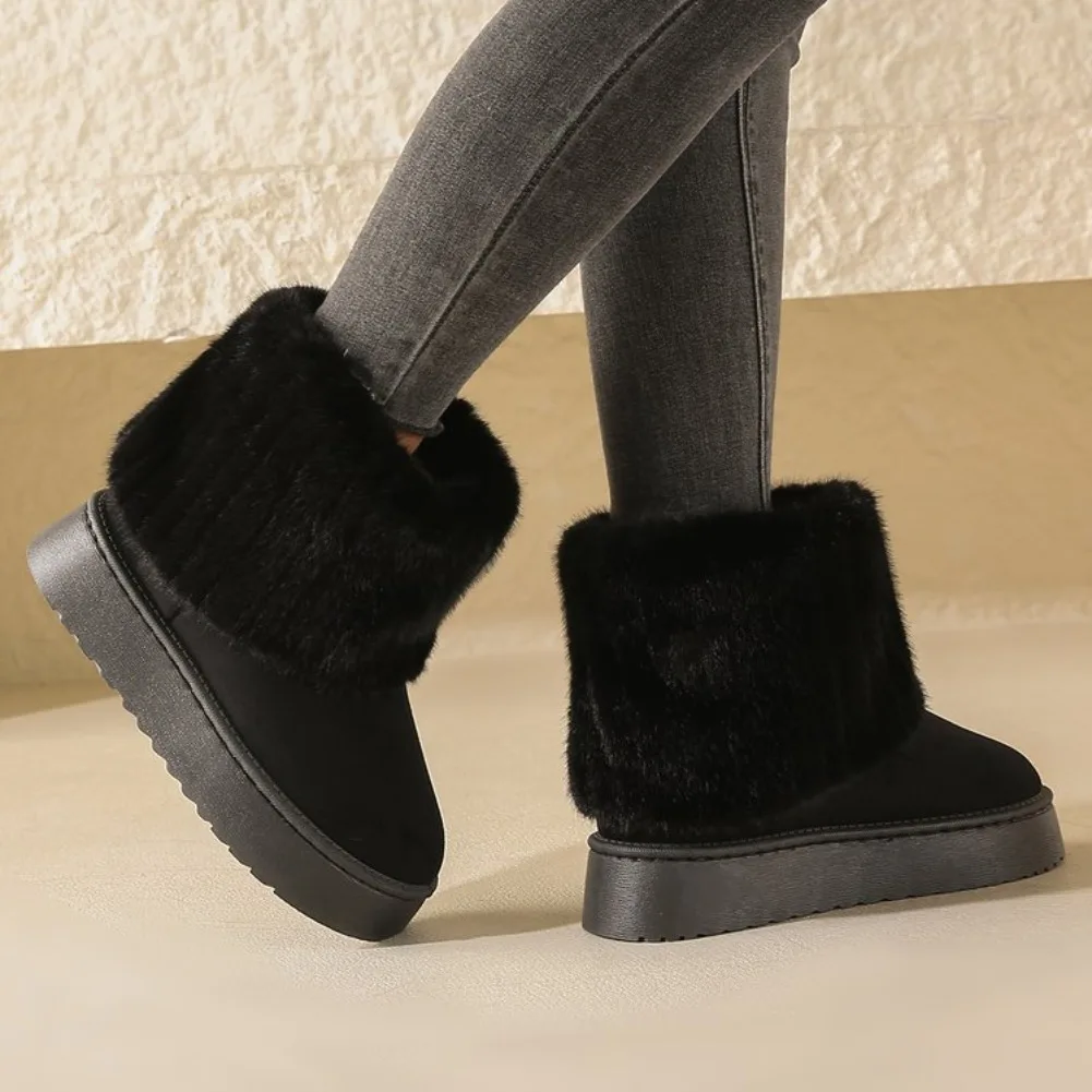 Large size thick-soled snow boots women's 2024 winter new sleeve piled warm medium tube flanged fluffy cotton shoes