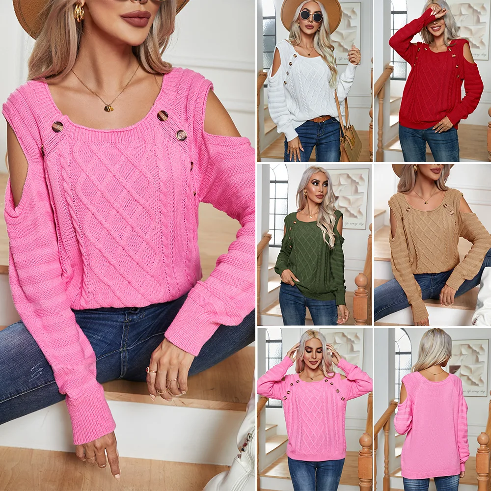 

Button Square Neck Off Shoulder Knitting Long Sleeve Twisted Fried Dough Twists Knitting Pullover Sweater 2023 Women's Clothing