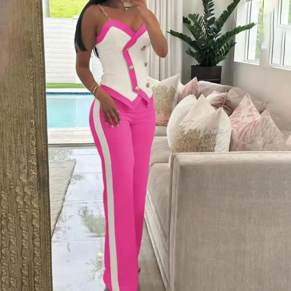 2 Pieces/set Women's Tops And Pants Suits Chain Straps Color Block V Neck Backless Straight Legs Wide Leg Camisole Pants Suits