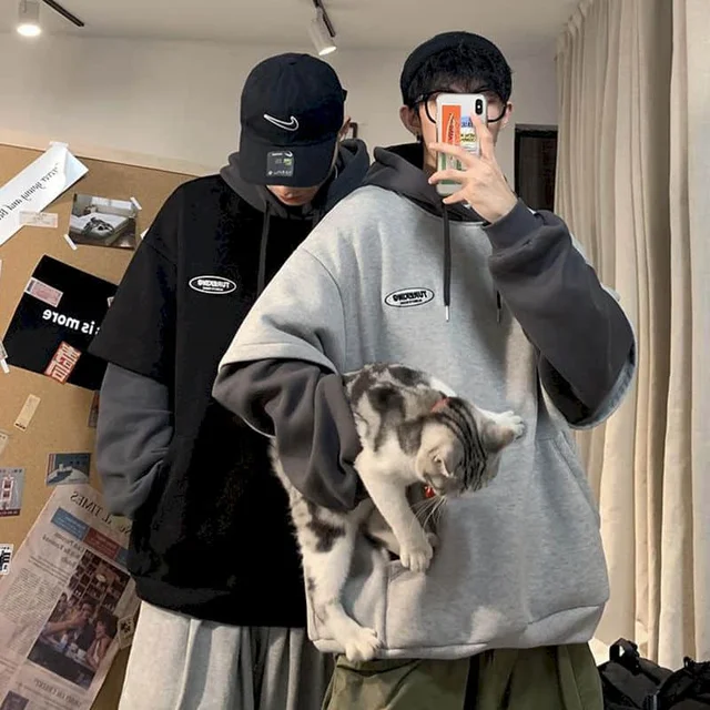 Hoodies men fake two-piece sweatshirt autumn stitching Korean loose contrast color hooded long-sleeved black  white gray design 2