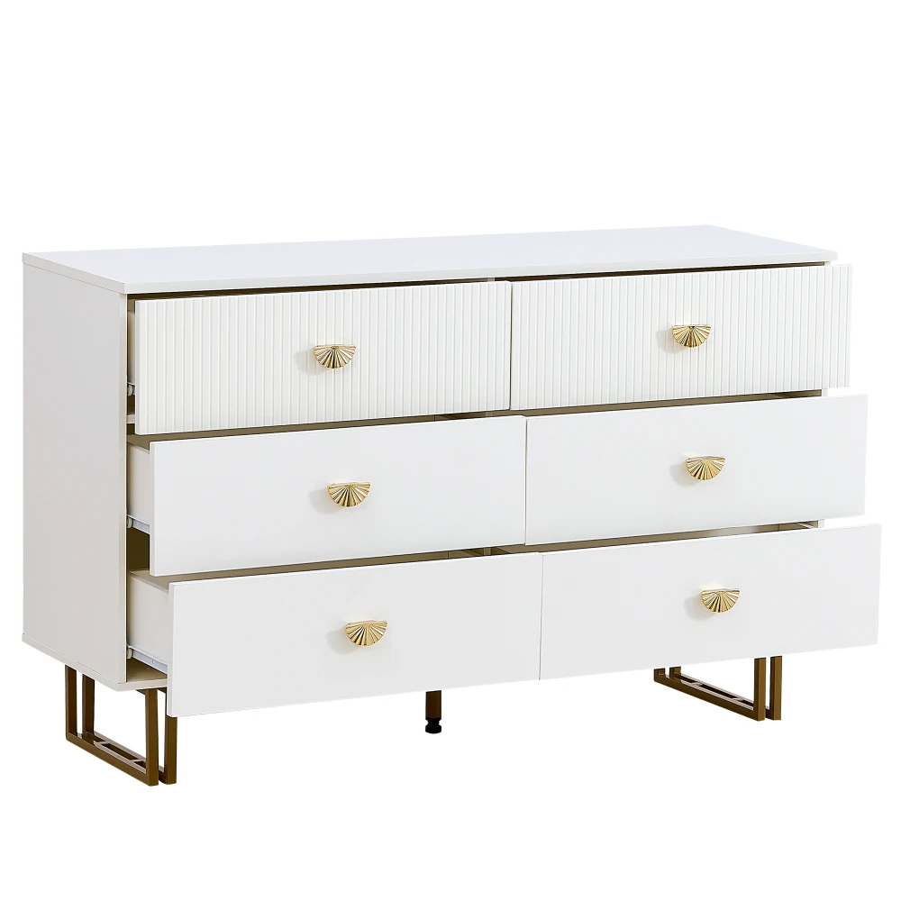 PINGGO Weißes Modernes Sideboard mit 6 Schubladen Goldene Akzente Elegantes MDF & Stahl-Möbelstück für Schlafzimmer Wohnzimmer Eingangsbereiche – Detail 16