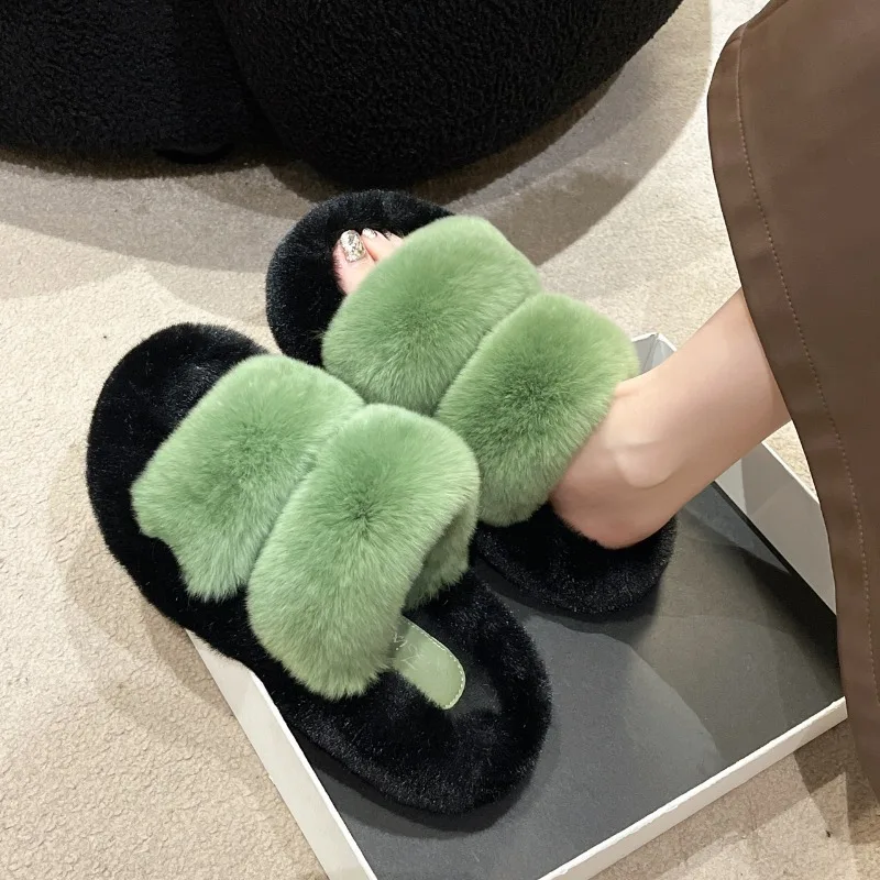 

Large Size Plush Slippers Women 2023 Autumn New Korean Version Flat Bottomed Multi-color Double Straps Plush Insulation Slippers