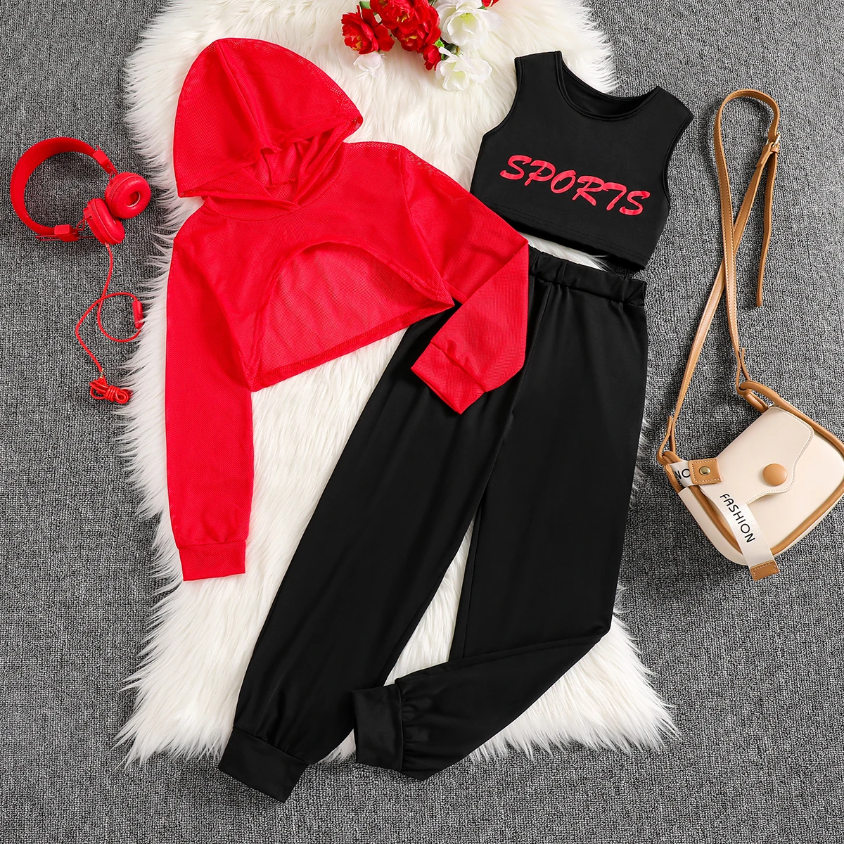 3 Piece Set Girls Spring Autumn Hooded Mesh Shorts Sweater Tank Top Long Pants Casual