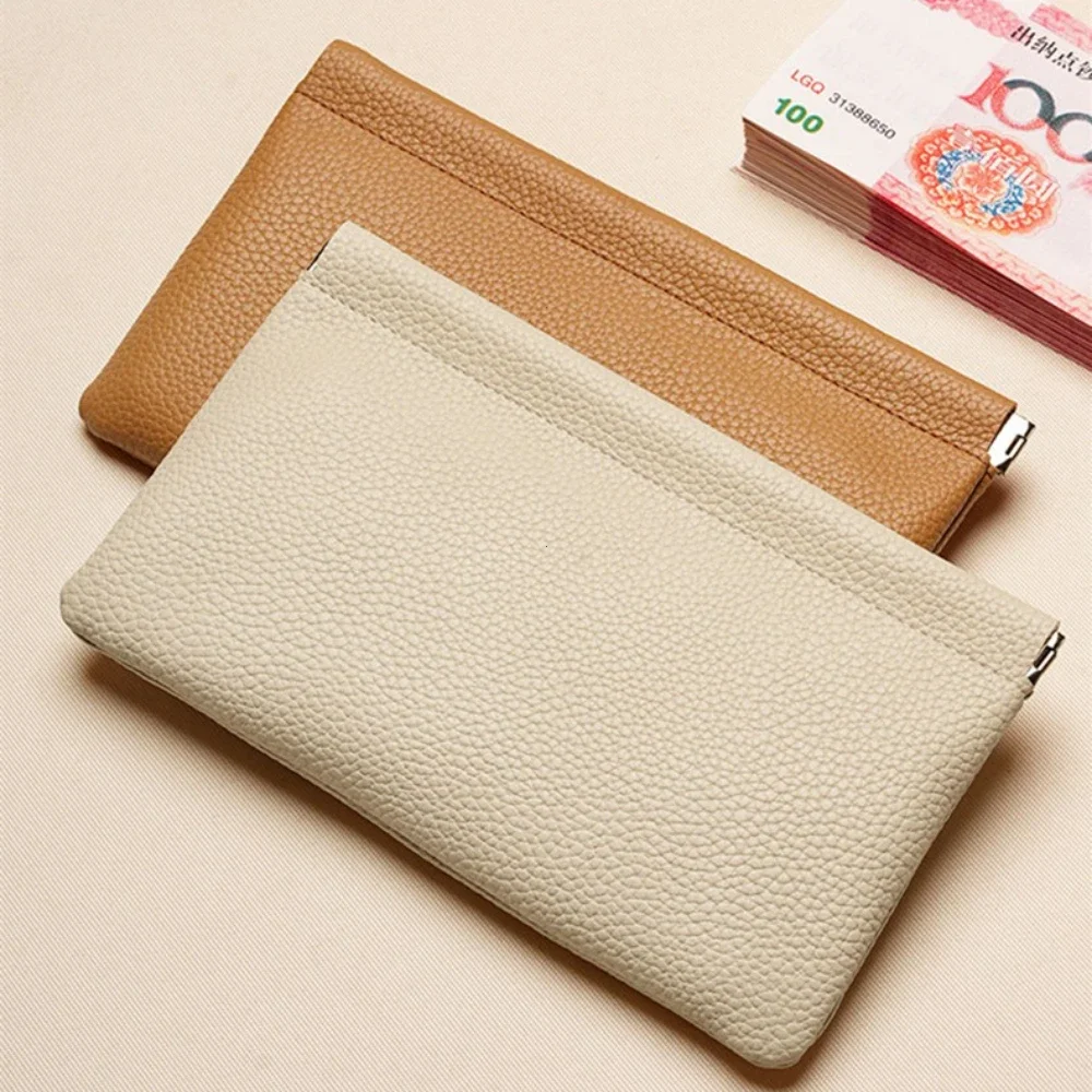 Self-closing First-layer Genuine Cowhide Long Wallet Passport Driver's License Document Holder Data Cable Cosmetic Bag Storage