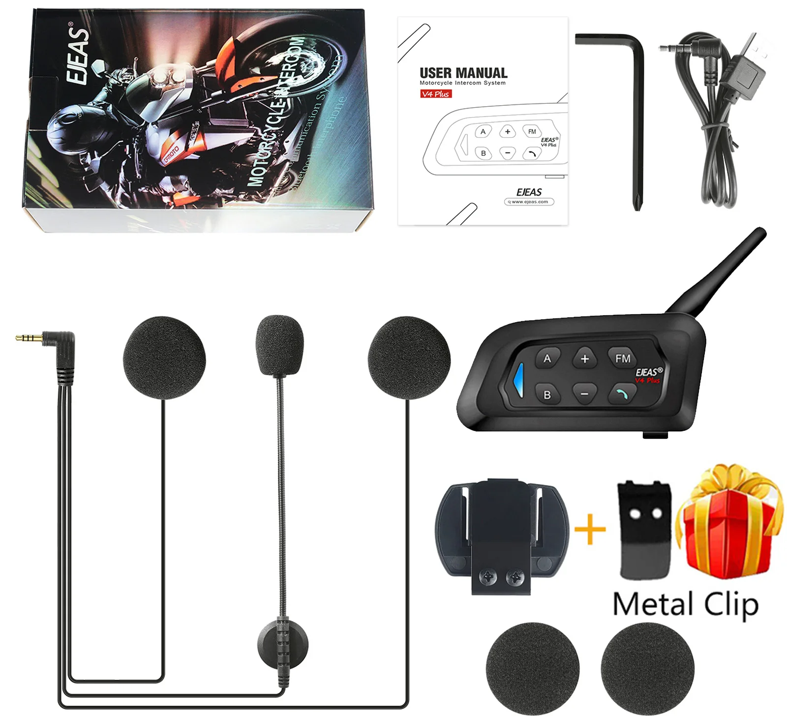 V4 PLUS Helmet Bluetooth Headset Intercom 2-4 Riders 1500M Full Duplex Intercomu