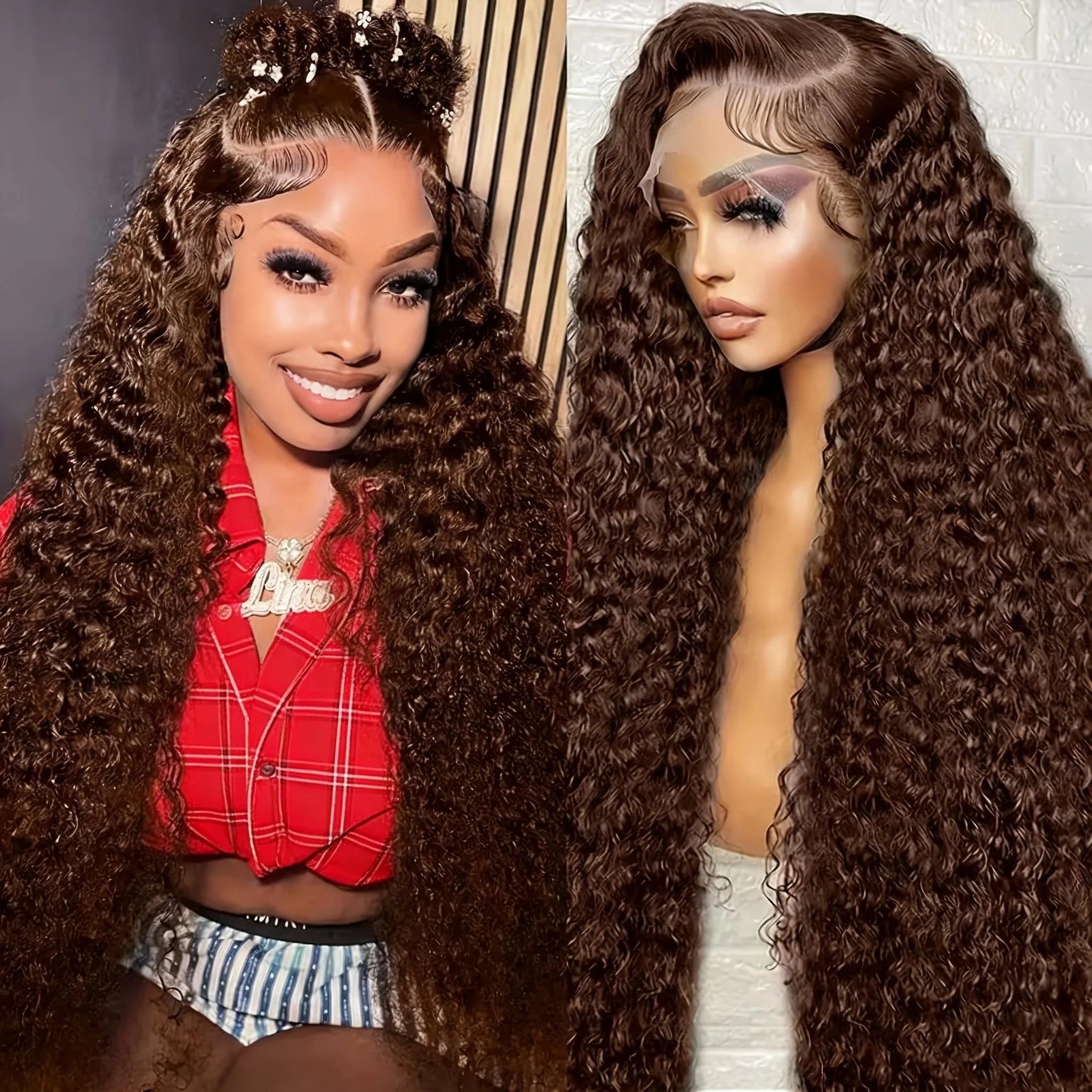 Chocolate Brown Deep Wave Human Hair Wig 13x4 HD Lace Glueless Lace Front Wigs Human Hair On Clearance Sale Curly Human Hair Wig 1