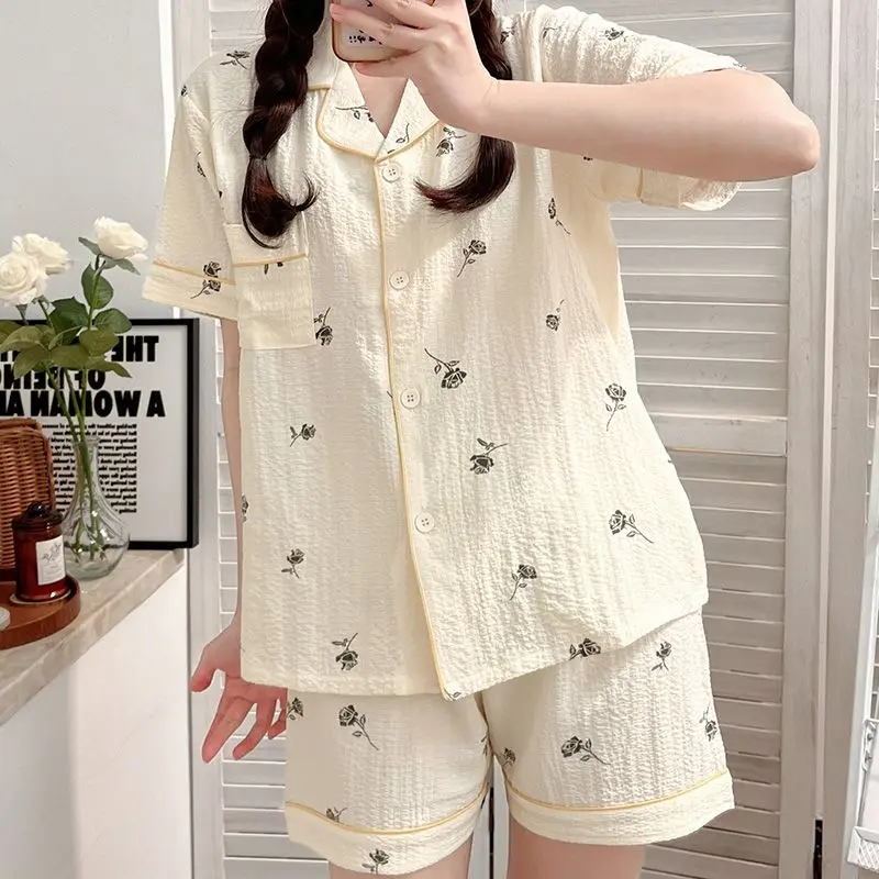 

1 Summer pajamas, women's cardigan, cute, sweet, short sleeved shorts, cute two-piece set, thin and easy to wear home outfit set