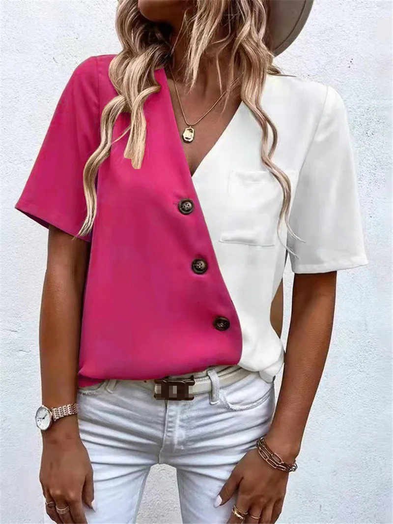 

Женская футболка, Новинка лета 2023, модная яркая рубашка с V-образным вырезом и короткими рукавами, Повседневная Блузка