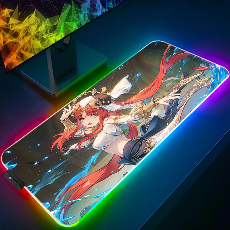

Genshin Impact RGB Mouse Pad Ni Lu Gaming Accessories Desk Mat Pc Gamer Keyboard Mouse Mats LED Deskmat Laptop Mousepad Rug