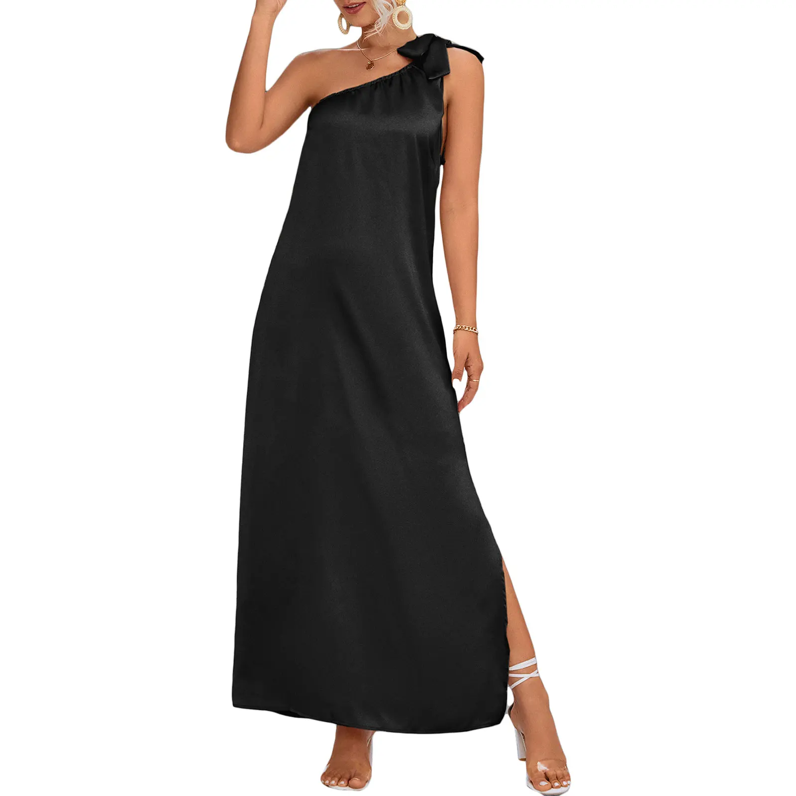 

Women Casual Long Dress Sleeveless One-shoulder Lacing Solid Loose Slit Summer Dress for Party