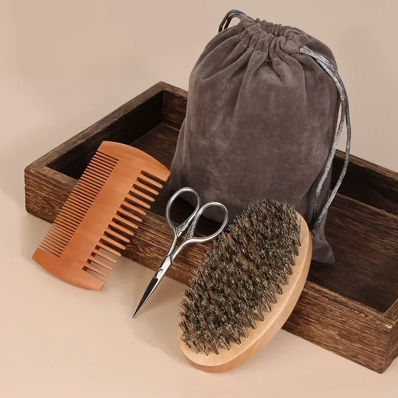 Two-sided Boar Bristle Men's Shaving Brush Portable Barber Natural Beech Beard Brushes Comb for Facial Cleaning Mustache Tools 4