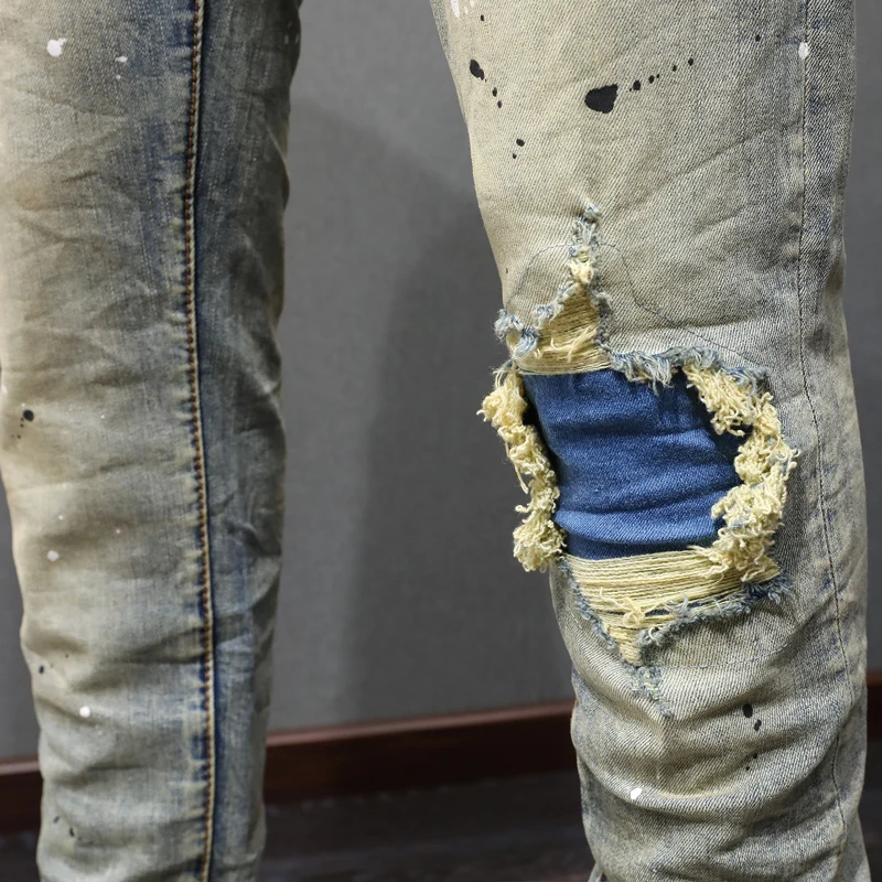 High Street Fashion Men Jeans Retro Washed Blue Stretch Skinny Fit Painted Ripped Jeans Men Patched Designer Hip Hop Brand Pants