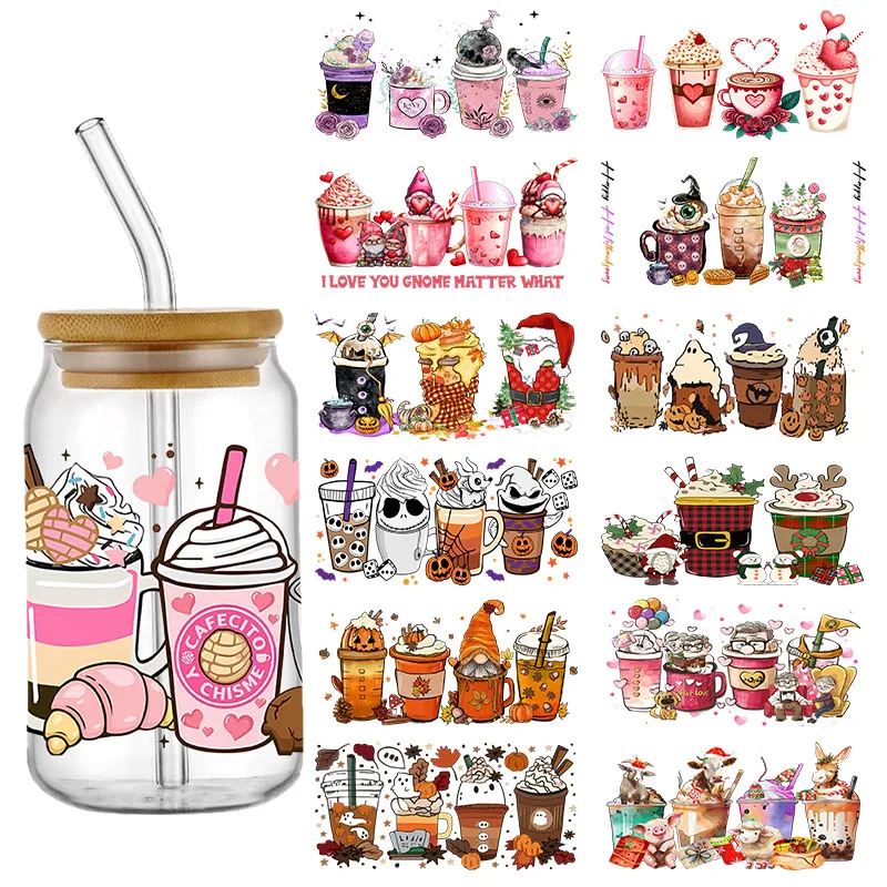 Cute Cartoon Design Best Seller 3D UV DTF Cup Wrap Transfers Stickers Labels Durable Waterproof Logo 16oz Glass Wrap