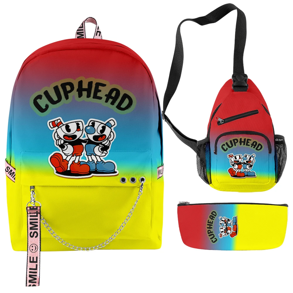 Classic Cartoon Novelty Cuphead Anime 3D Print 3pcs/Set Student School Bags multifunction Travel Backpack Chest Bag Pencil Case