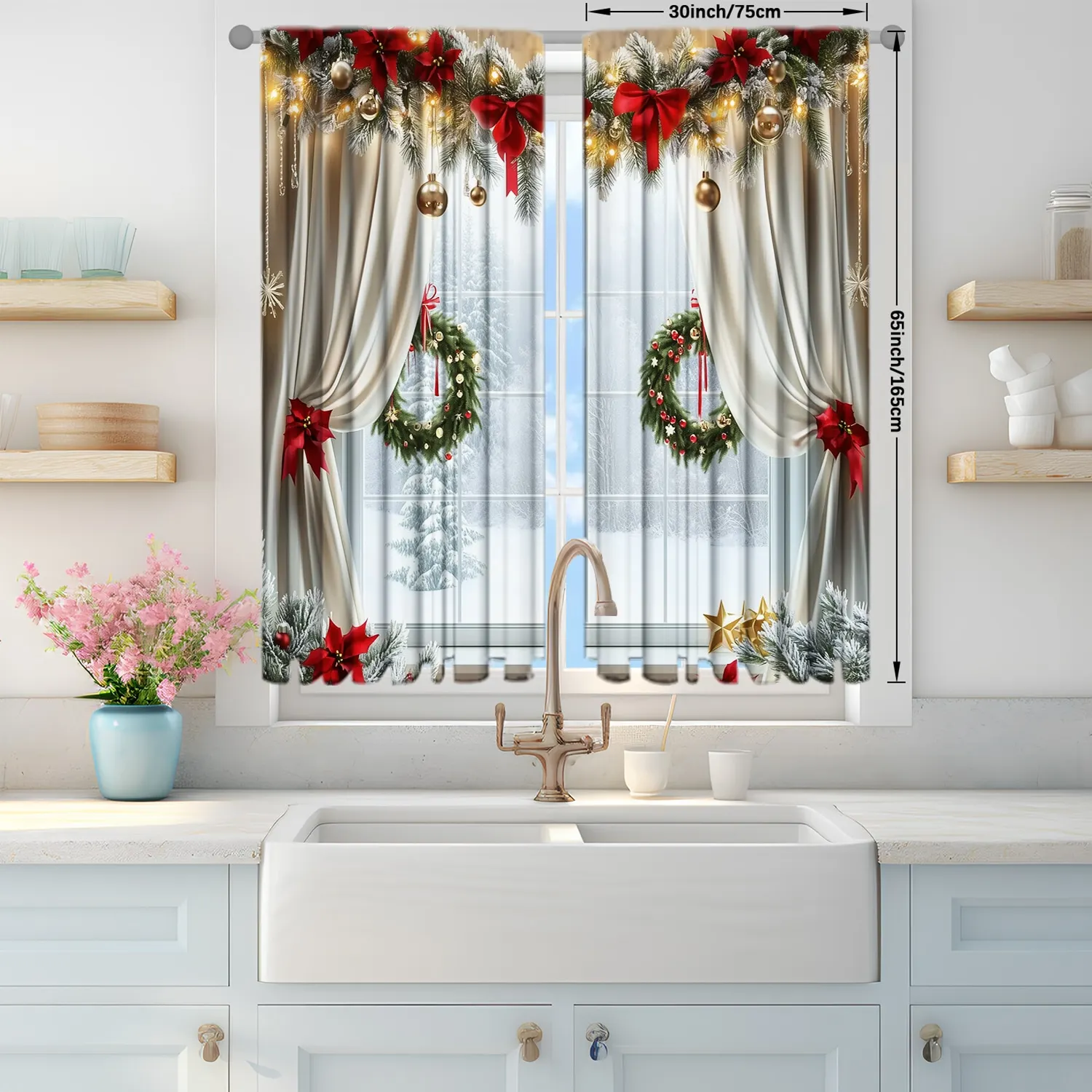 Description Picture 5 of item2pcs Windows with A Christm Printed Curtain for Christmas Home Decor - Rod Pocket Window Treatment for Bedroom, Office, Kitchen