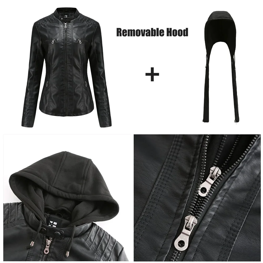 high quality leather jacket for women long sleeve big size detachable hooded new 2023 autumn elegant clothing black brown
