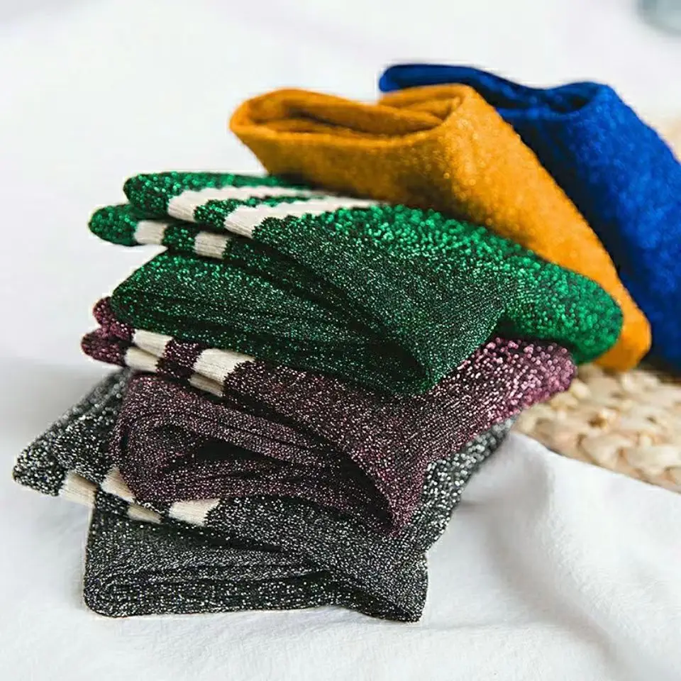 

Socks Shiny Women Fashion Harajuku Striped For Glitter Socks Trendy Streetwear Filigree Cotton Loose Socks Cute Female Lingerie