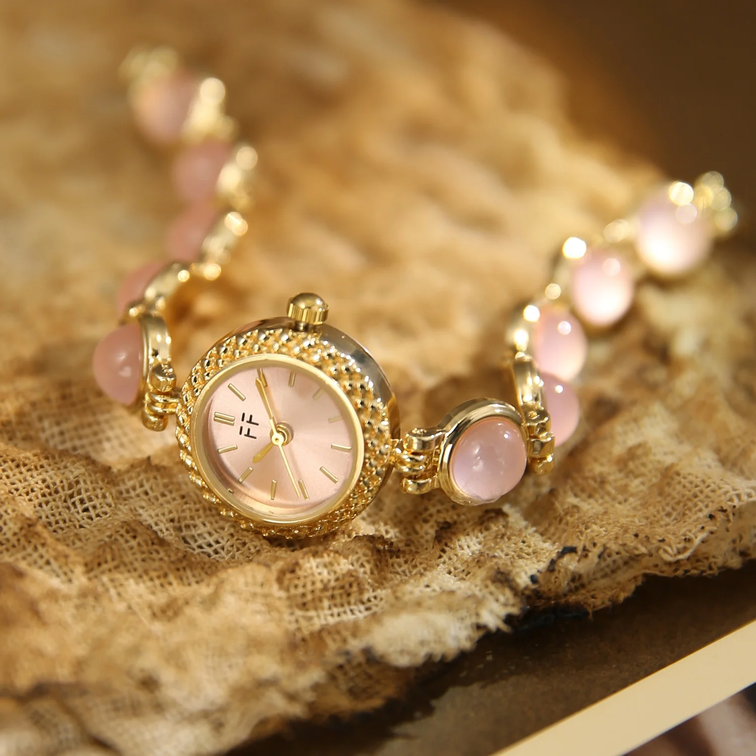 Green Women's Vintage Stone Gold Watch with Colored Gemstone Bracelet