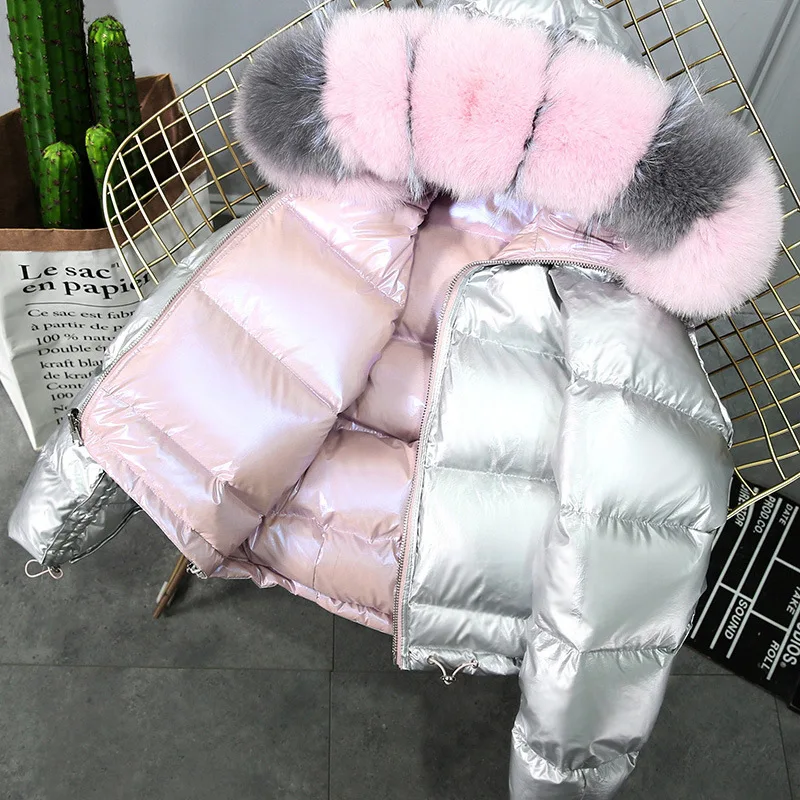 

Winter Korean Version of Big Wool Collar Double -sided Bright Silver Pink Outer Set Female Short Fox Fur Down Women Jacket