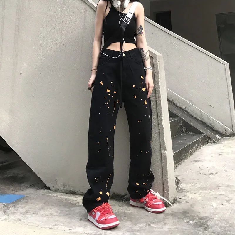 plus size clothing Streetwear Hip-Hop Loose BF Wind Splashed Ink Jeans Women Spring 2022 All-Match Casual Straight-Leg Pants Female Korean Trousers flare jeans