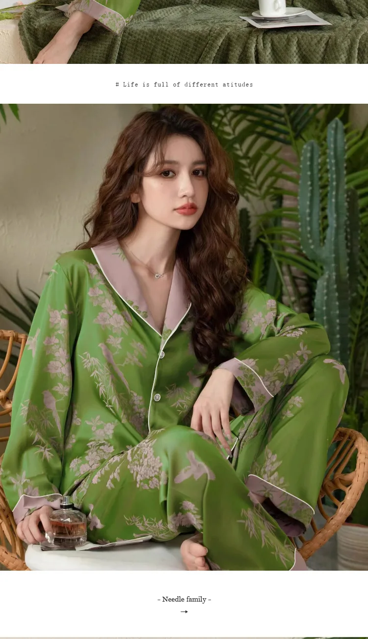 Frühling und Sommer Premium grüne Mode Revers Pyjama Lounge wear Set Damen Langarm Langhose Pyjama Lounge wear Set – Detail 8