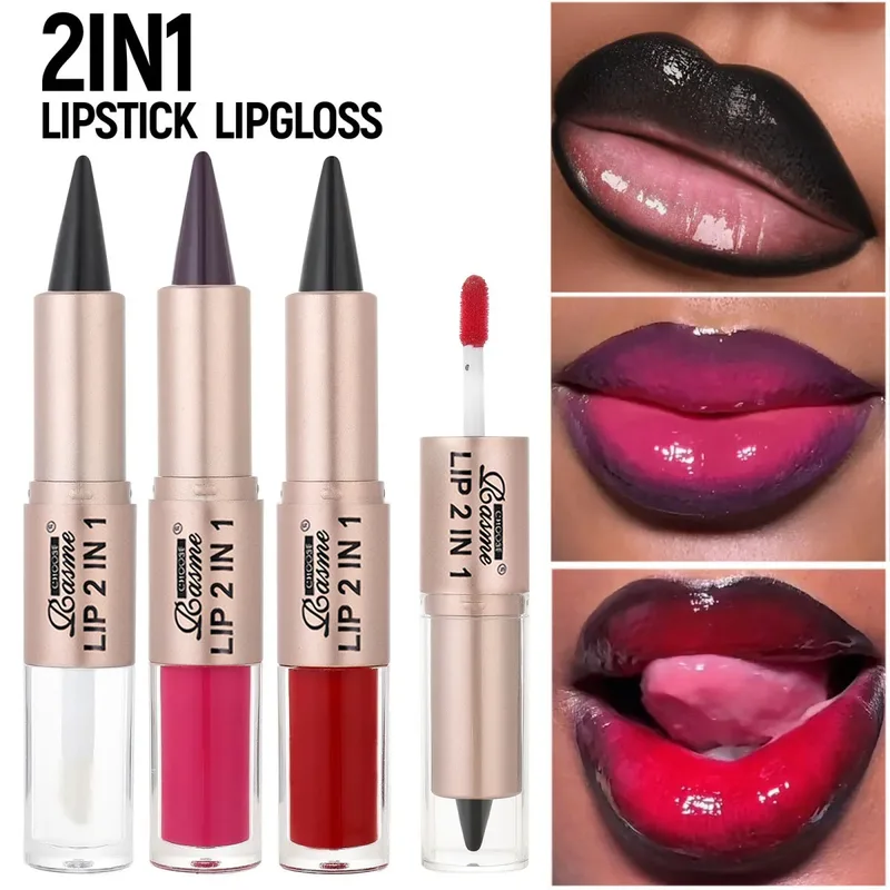 2IN1 Tapered Gradient Lipliner Pen Nude Brown Mirror Glass Lip Gloss Matte...