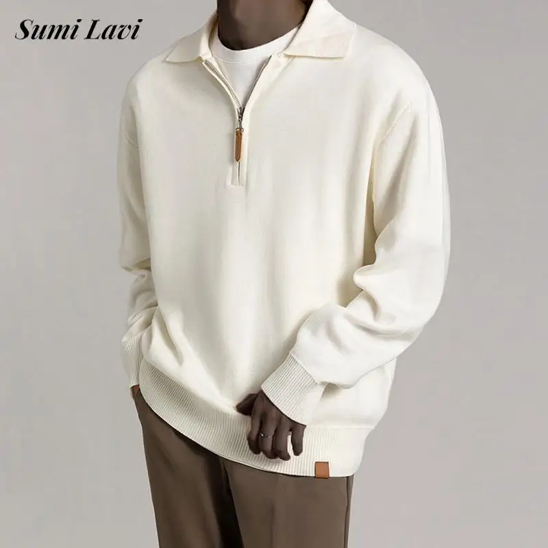 

Мужская трикотажная рубашка-поло на молнии, с отложным воротником и длинным рукавом