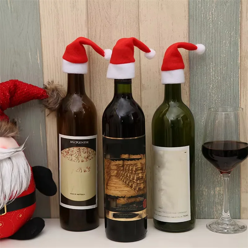 Christmas Decoration 12cm Christmas Hat Knife And Fork Cover Champagne Wine Bottle Cover Pulley Cloth Hat Cutlery Set
