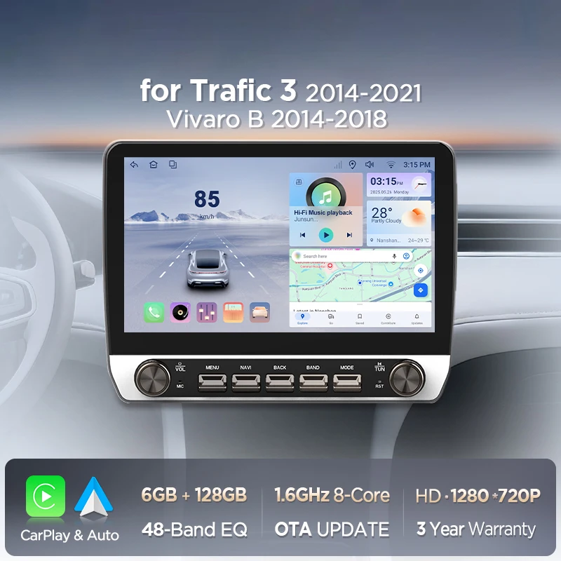 10,1" Autoradio für Renault Trafic 3 2014-2021 für Vivaro B 2014-2018, kabelloses CarPlay, Android Auto, Head Unit, IPS-Touchscreen mit physischen Tasten, DSP, GPS-Navigation, RDS, BT, SWC, Plug-and-Play, 2DIN-Multimedia-Player mit zwei physischen Knöpfen.