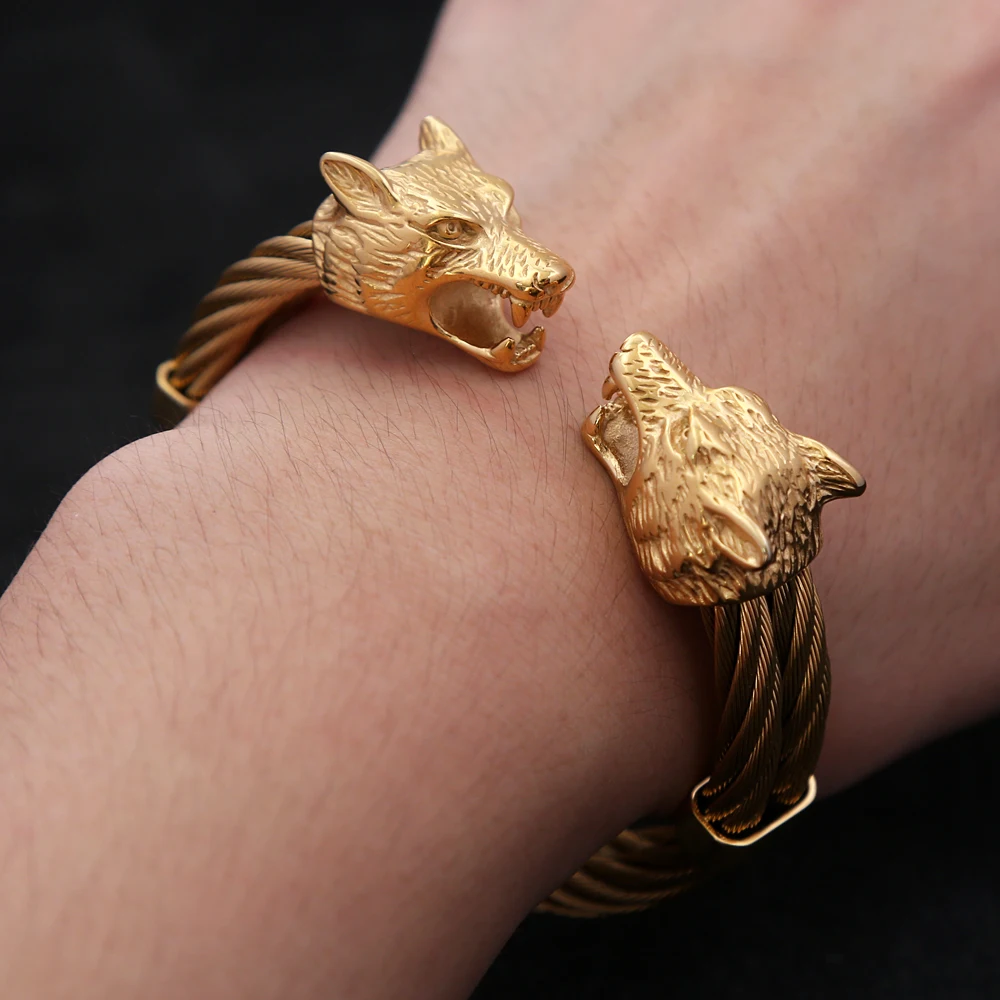 Fashion Vintage Double Viking Wolf Head Bracelet 316L Stainless Steel Punk Biker Animal Bracelets Norse Amulet Jewelry Wholesale 6