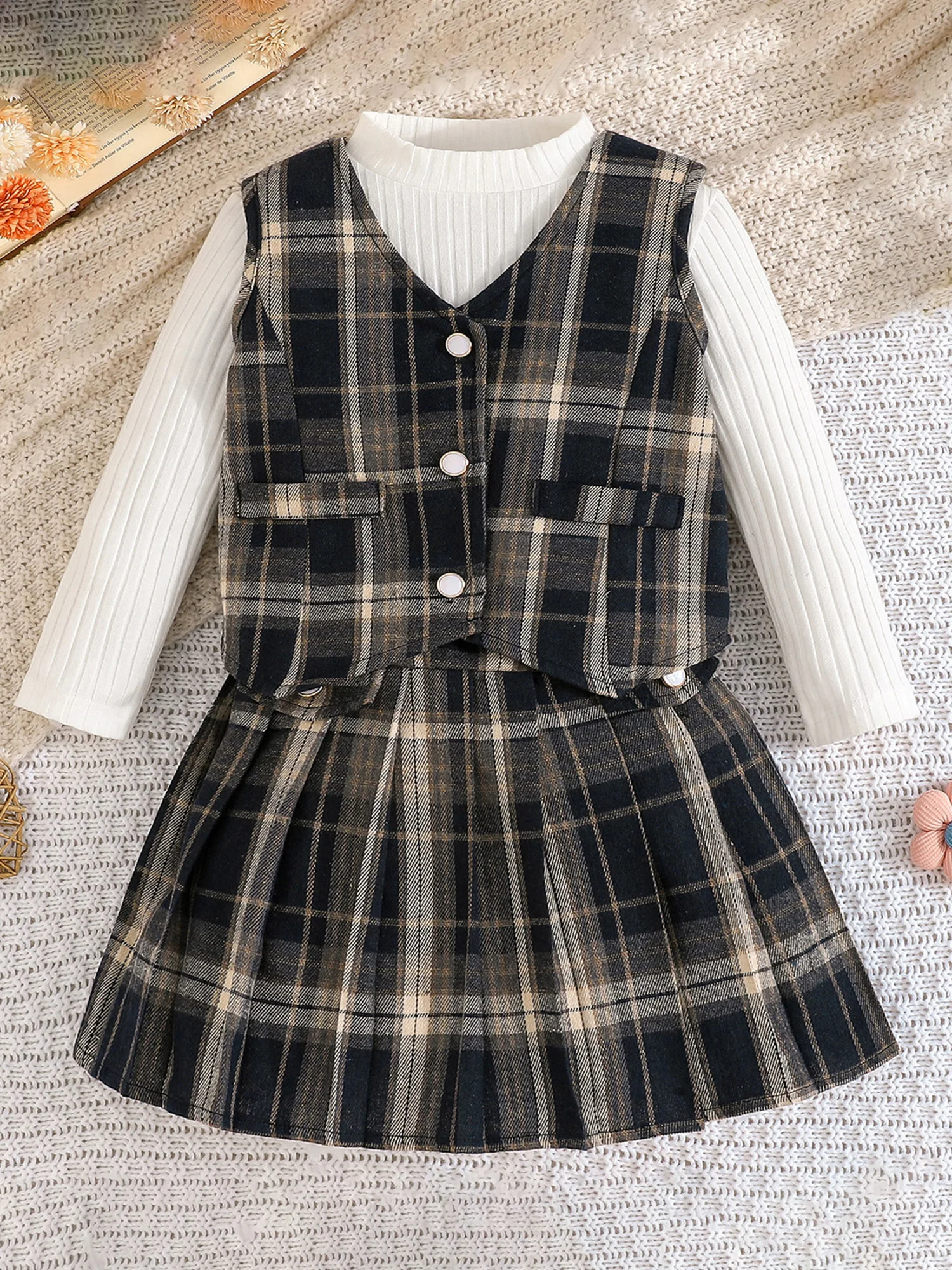 Stylish Toddler Girls 3-Piece Outfit featuring Ribbed Tops Plaid Skirt and Button Down Vest for a Fashionable Look
