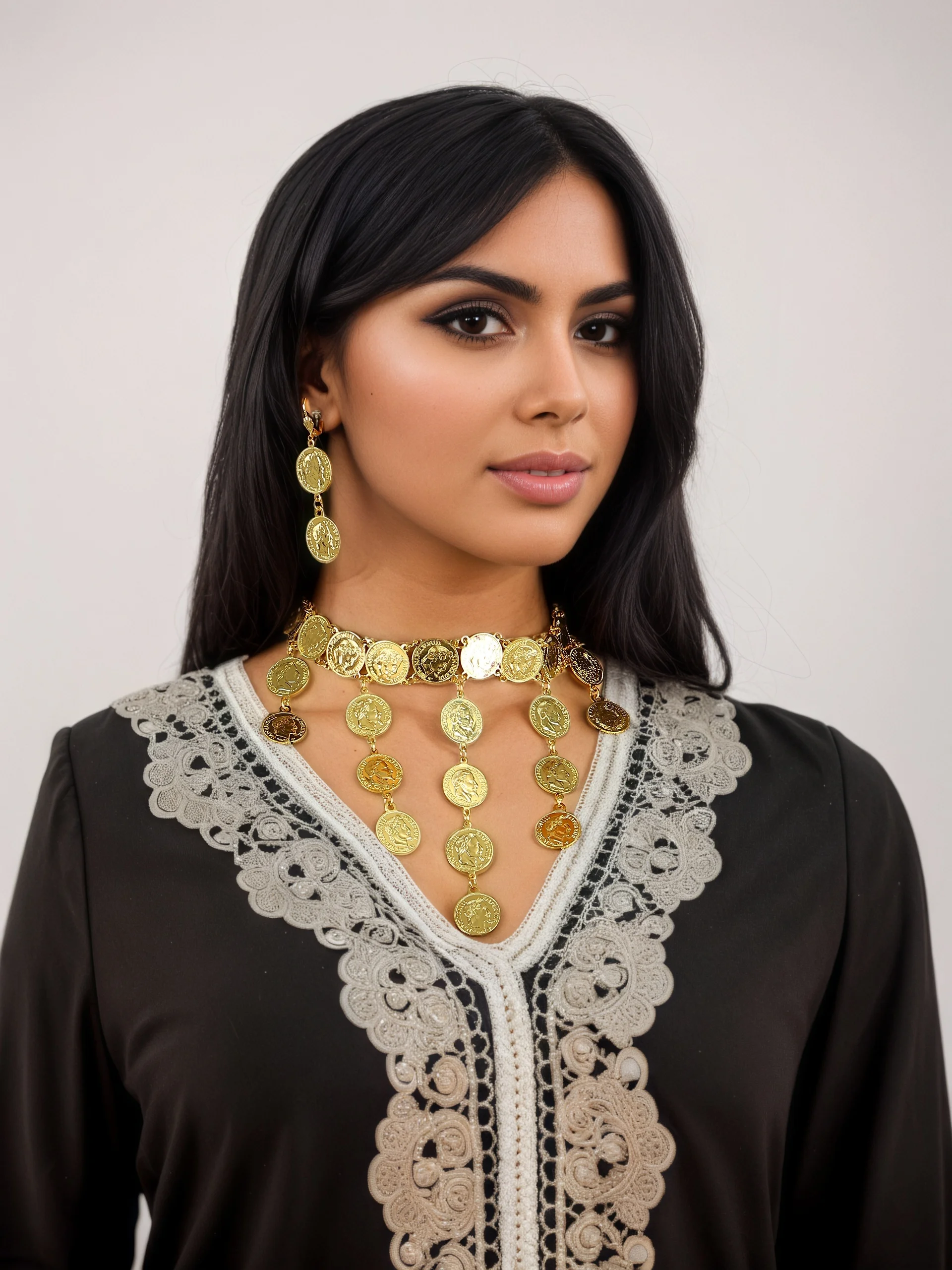 طقم ليرات ذهبي متدلي – عقد مع أقراط بتصميم تراثي ف...