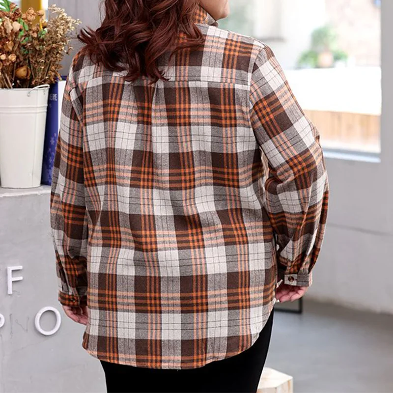 Fashion Korean Spring Autumn Long Sleeve Single Breasted Blouse Plus Size Women Polo-Neck Patchwork Pockets Plaid Print Shirt